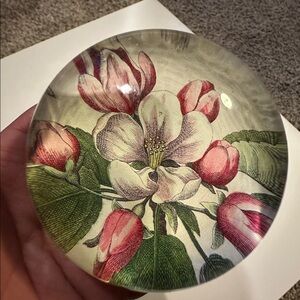 John Derian Floral Glass Paperweight with Pink and Green Design